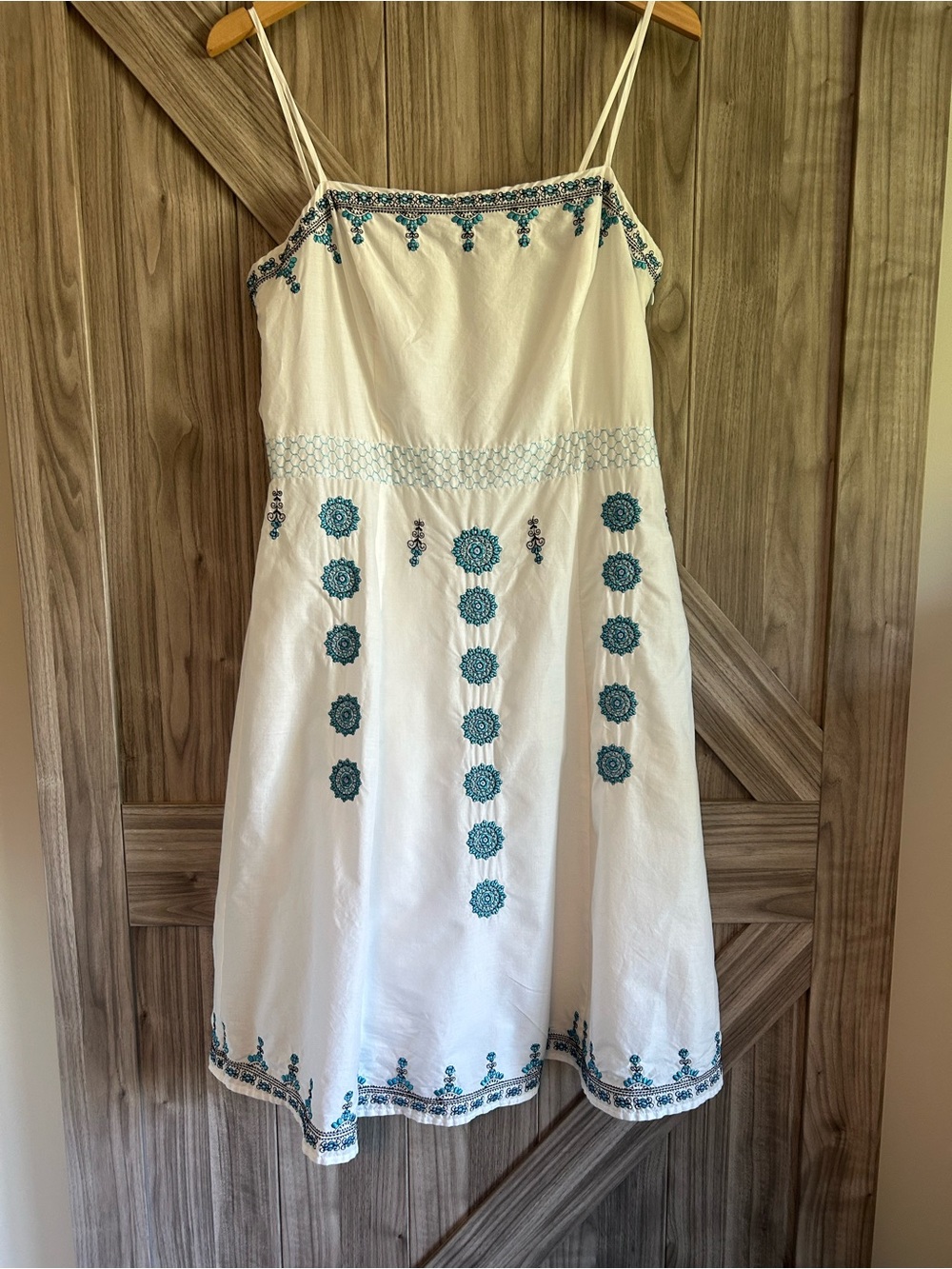 LOFT Embroidered Boho Chic Cotton Sundress White Blue Turquoise Size 12